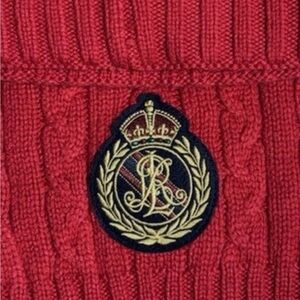 Vintage Ralph Lauren Red Knit scarf with patch Crest. Excellent condition